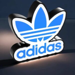 LED lumineux logo Adidas en 3D avec coque noire, éclairage bleu et blanc, création lumineuse originale pour décoration moderne et tendance.