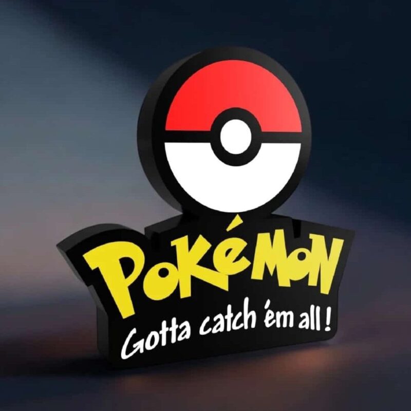 Pokémon lampe LED 3D, création lumineuse artistique inspirée de l'univers Pokémon, idéale pour décoration et collection, avec slogan "Gotta catch 'em all!".
