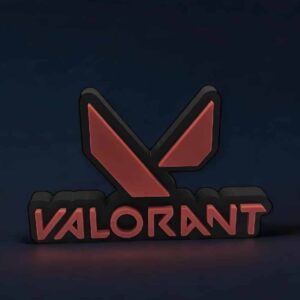 Vapeur lumineuse 3D de logo Valorant avec fonds sombre, créée par Infinity 3D Print, illuminant le logo dans un style moderne et vibrant, parfait pour une décoration gaming ou individuelle.