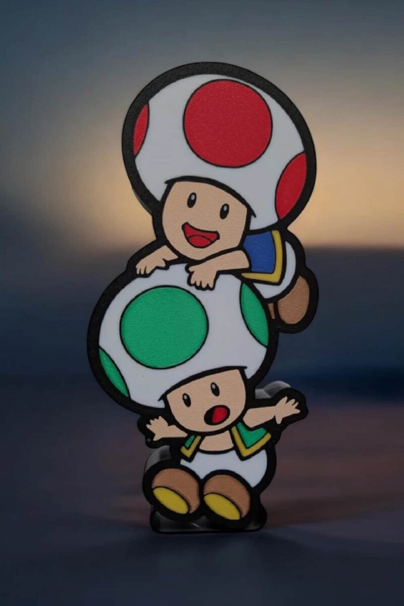 Lanterne LED 3D avec design de Toad et Toadette de Mario, éclairage lumineux, décoration NiNintendo, création lumineuse inédite, idéale pour ambiance chaleureuse.