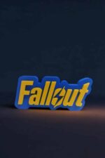 Fallout, création lumineuse LED 3D flottante en bleu et jaune, réalisée par Infinity 3D Print, idéale pour décoration moderne et jeux vidéo, avec un éclairage prominent sur fond sombre.