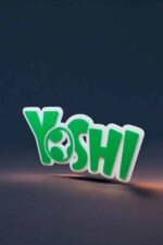 Yoshi en plastique lumineux avec logo vert et blanc, éclairé par LED, créé par Infinity 3D Print, idéal pour décoration ou collection, assemblé avec précision et style.
