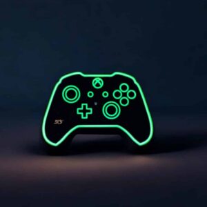 Guirlande LED en forme de manette de jeu vidéo illuminée en vert, décoration lumineuse pour chambre ou gaming, accessoire original, création lumineuse en 3D.