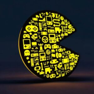 LED lune avec motifs lumineuse en forme de Pac-Man, création personnalisée 3D, éclairage d'ambiance moderne, design original pour décoration intérieure et gaming.