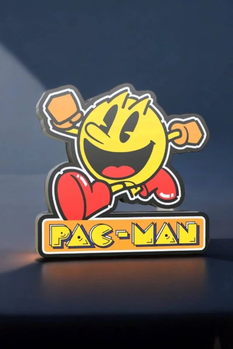 Pac-Man en plaque LED 3D, création lumineuse colorée, décoration originale pour fans de jeux vidéo, compatible avec luminaires LED, design moderne et ludique.