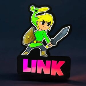 Lampe LED artisanale représentant Link, héros de la série Zelda, avec éclairage lumineux coloré, idéale pour décoration d’intérieur ou collection de fans de jeux vidéo.