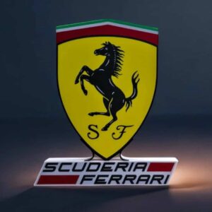 Logo Ferrari illuminé avec éclairage LED, création lumineuse 3D pour décoration ou collection, fabriqué par Infinity 3D Print.