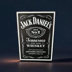 Jack Daniel's lampe LED 3D, création lumineuse en impression 3D avec logo emblématique de la marque de whisky Tennessee.
