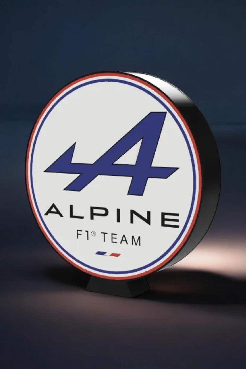 Logo LED 3D personnalisé d'Alpine F1 Team avec éclairage lumineux, design détaillé, parfait pour la décoration ou comme cadeau original, fabriqué par Infinity 3D Print.