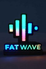 LED neon art with colorful wave pattern and "FAT WAVE" text illuminated, modern LED lamp for home decor and ambient lighting, custom 3D printed design by Infinity 3D Print.