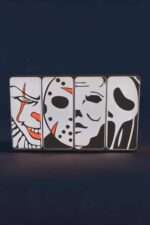 Visuel d'une lampe LED 3D créative représentant des visages iconiques de films d'horreur, avec un design moderne et lumineux, idéal pour la décoration intérieure originale et artistique.