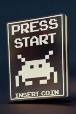 Pixel art panneau d'arcade rétro en 3D imprimé en PLA blanc et noir avec un alien pixelisé et le texte "Press Start" et "Insert Coin", création lumineuse LED pour décoration gaming ou collection geek.