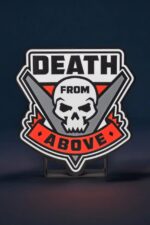 Patch LED 3D lumineuse avec skull et texte "Death from Above", design moderne et coloré, idéale pour décoration murale ou collectioning, fabriquée en impression 3D par Infinity 3D Print.