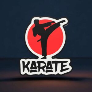 Sticker lumineux de karaté en 3D avec silhouette en action sur fond rouge et noir. Idéal pour décoration LED, création lumineuse personnalisée et passionnés d'arts martiaux.