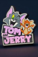 Luminaire LED 3D personnalisée avec personnages de Tom et Jerry, création lumineuse colorée et dynamique, idéale pour décoration intérieure ou cadeau original.