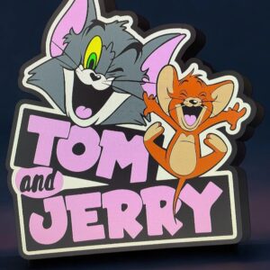 Luminaire LED 3D personnalisée avec personnages de Tom et Jerry, création lumineuse colorée et dynamique, idéale pour décoration intérieure ou cadeau original.