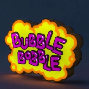 Colorful LED lamp with the phrase "BUBBLE BOBBLE" in bright purple letters on a yellow and orange cloud-shaped background, creating a vibrant, glowing decorative piece.
