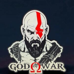 Silhouette de Kratos de God of War en sticker lumineux 3D avec éclairage LED, parfait pour la décoration gaming et les fans du jeu vidéo.