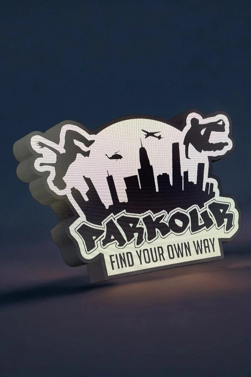 étiquette LED lumineuse 3D représentant la silhouette d'une ville avec un message motivant "Find Your Own Way" et une évolution de la ville en skyline, idéale pour décoration intérieure ou extérieure.