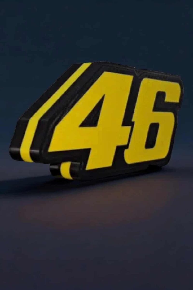 LED lampe 3D personnalisée avec numéro 46 en jaune et noir, création lumineuse unique et moderne.