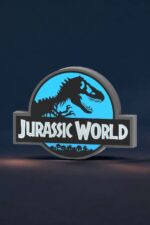 3D logo de Jurassic World avec éclairage LED bleu, créé en impression 3D pour une décoration lumineuse unique inspirée du célèbre film.