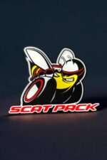 LED lapin motard lumineux avec texte "SCAT PACK", décoration 3D, création lumineuse à LED, design personnalisé, idéal pour mur ou voiture.