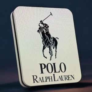 Étiquette lumineuse 3D Polo Ralph Lauren avec logo de cheval et golfeur en LED.