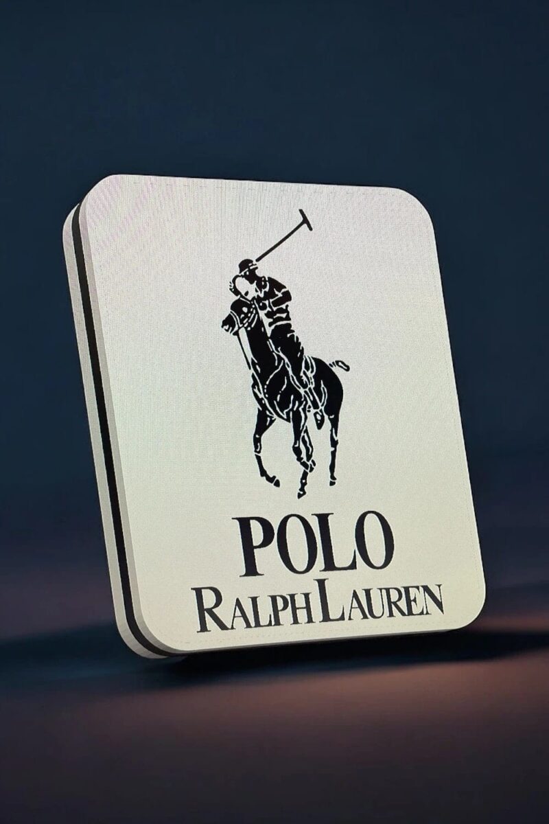 Étiquette lumineuse 3D Polo Ralph Lauren avec logo de cheval et golfeur en LED.
