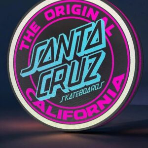 LED neon logo éclairée Santa Cruz Skateboards, design lumineux en 3D pour décoration ou merchandising.
