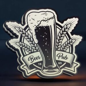 Lanterne LED en forme de verre de bière avec des feuilles de houblon, création lumineuse 3D pour pub ou décoration, offrant une ambiance chaleureuse et moderne.