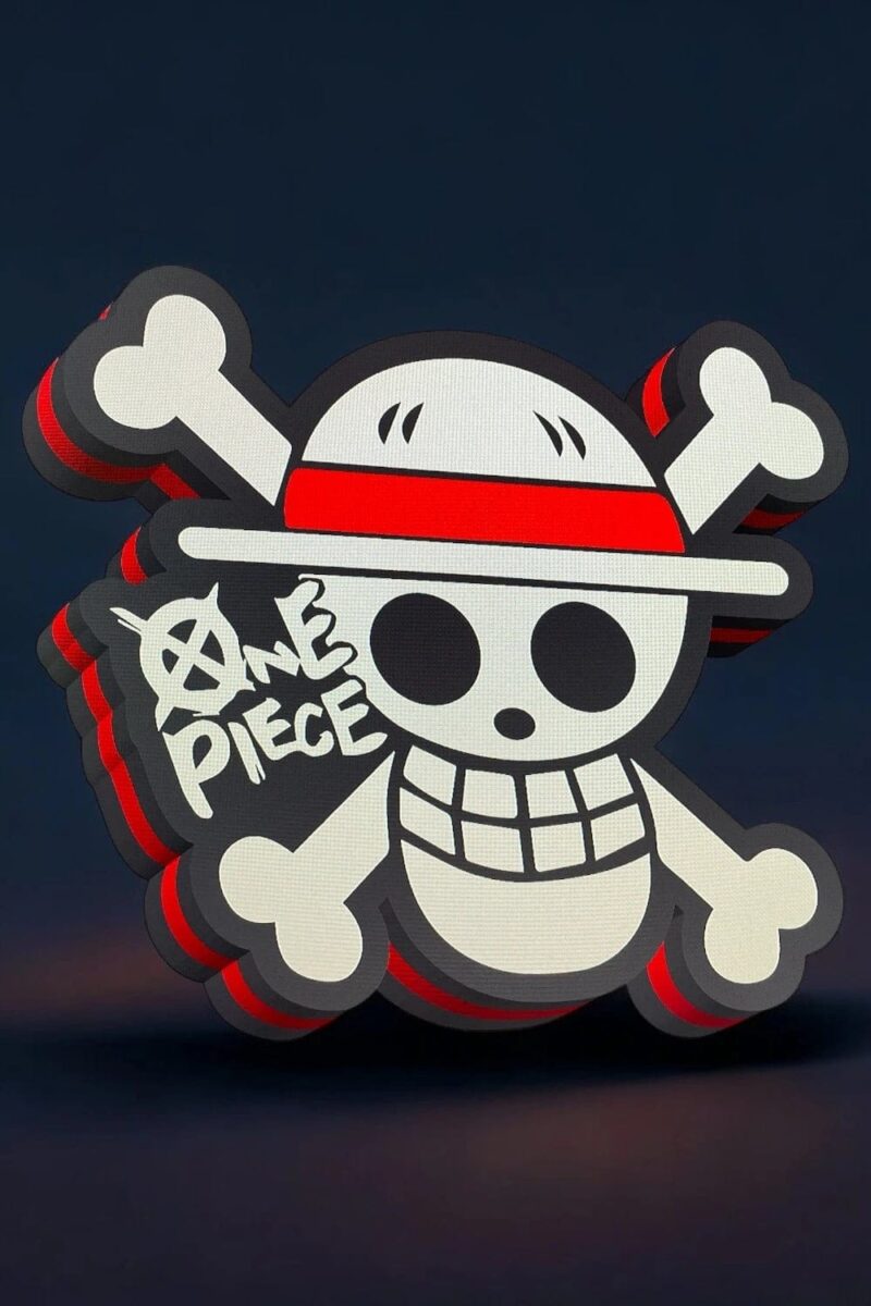 Jolie création lumineuse 3D d'un skull cartoon avec des os croisés, conçue avec une impression 3D, idéale comme lampe LED décorative pour une ambiance originale et moderne.