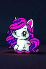 Vignette lumineuse 3D d'un adorable poney licorne avec crinière colorée rose et violette, éclairée par LED, idéale pour la décoration d'ambiance ou comme lampe enfant.