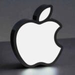 Logo Apple en 3D lumineuse avec écriture LED blanche, design moderne pour décoration ou illumination intérieure.