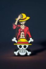 Ludière en acrylique LED représentant Monkey D. Luffy de One Piece avec motif Skull et chapeau, création lumineuse 3D, parfaite pour décoration ou collection.