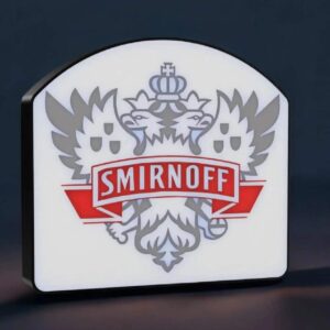 Lampe LED 3D Smirnoff, création lumineuse personnalisée avec logo, design moderne, lumière blanche, idéale pour décoration intérieure ou événement promotionnel.