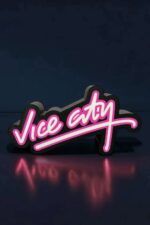 Vitrine lumineuse en néon rose avec le texte "Vice city" en script, idéal pour la décoration intérieure ou extérieure, créant une ambiance moderne et dynamique avec un éclairage LED vibrant.
