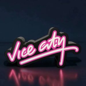 Vitrine lumineuse en néon rose avec le texte "Vice city" en script, idéal pour la décoration intérieure ou extérieure, créant une ambiance moderne et dynamique avec un éclairage LED vibrant.