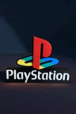 PlayStation logo 3D lumineuse avec éclairage LED coloré, création artisanale en impression 3D pour décoration moderne et originale.