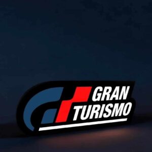 LED illuminated racing logo representing Grand Turismo, with bold red, white, and blue colors on a dark background.