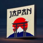 Japon, lampe LED 3D lumineuse avec torii et montagne Fuji, décoration moderne pour terrasse ou intérieur, création artisanale Infinity 3D Print.