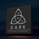 Cercle de Venn en 3D lumineux avec années inscrites, conception artistique en style doodle, sur fond sombre, logo "Dark" et phrase "Tout est connecté", création lumineuse LED.