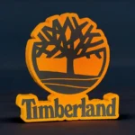 Timberland logo en 3D lumineux, éclairage LED orange, création design en impression 3D, décoration lumineuse pour espace intérieur ou extérieur.